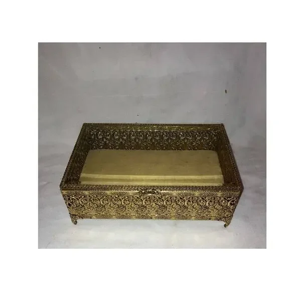 VINTAGE JEWEL CASKET Velvet Lined Beveled Glass Lid Mid Century Storage & Organization